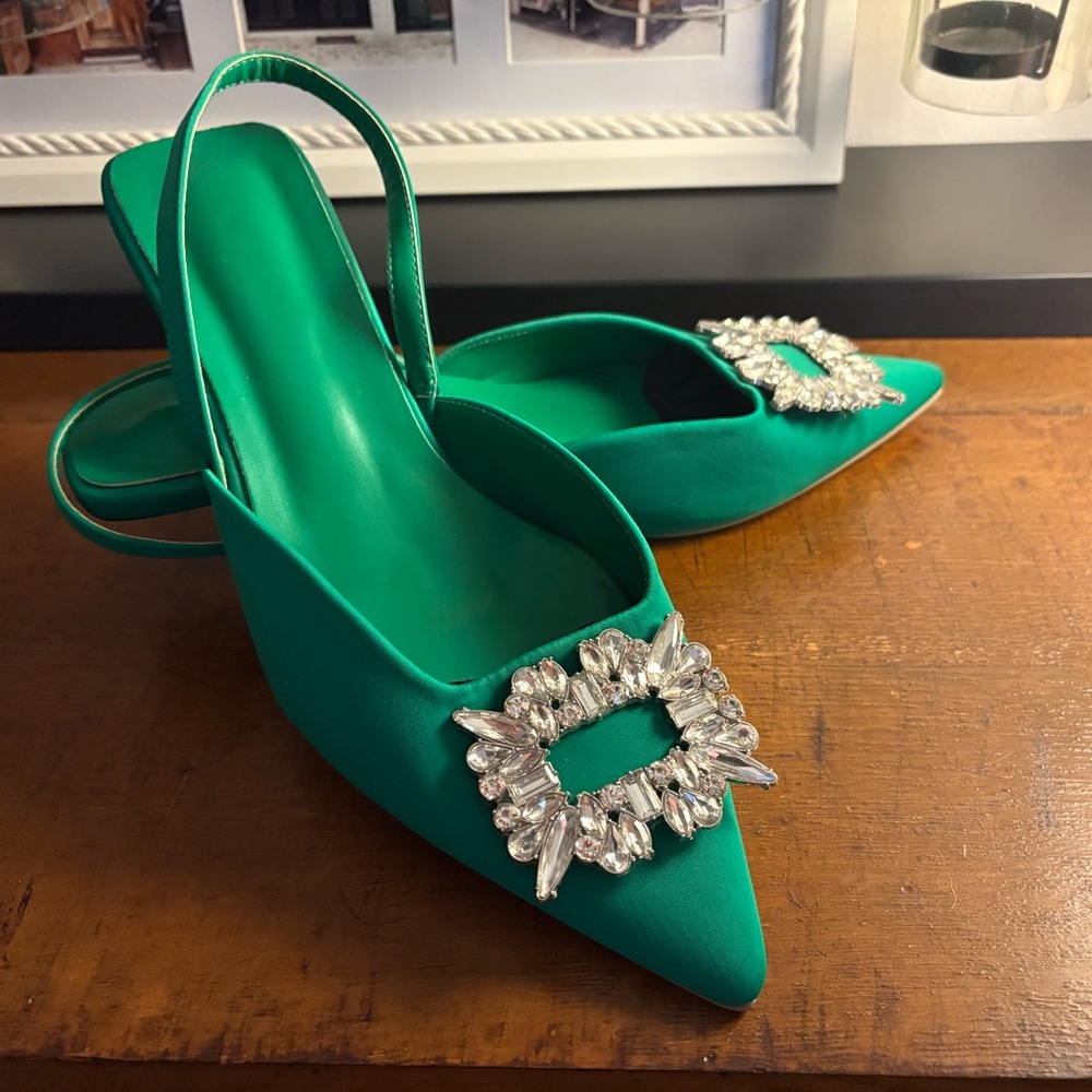 Zara Kitten Heels. Elegant Green Slingback Heels with Crystal Embellishment.